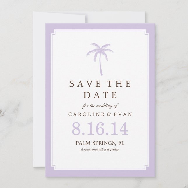 Lavender Palm Tree Wedding Save the Date (Front)