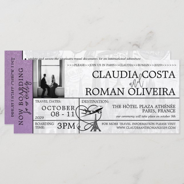 Lavender Paris Wedding Boarding Pass Invitation (Front/Back)