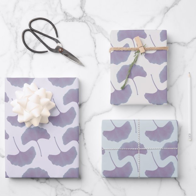 Lavender & Pastel Blue Gingko Leaves Wrapping Paper Sheet (Front)