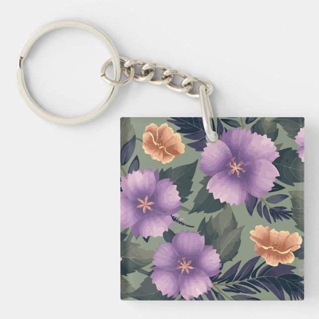 Lavender & Peach Flowers on Olive Green Background Key Ring (Front)
