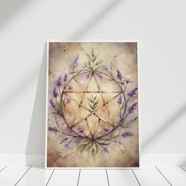 Lavender Pentacle Wall Art - Soft Witch Home Decor (Lavender Pentacle Wall Art - Soft Witch Home Decor in a white frame)