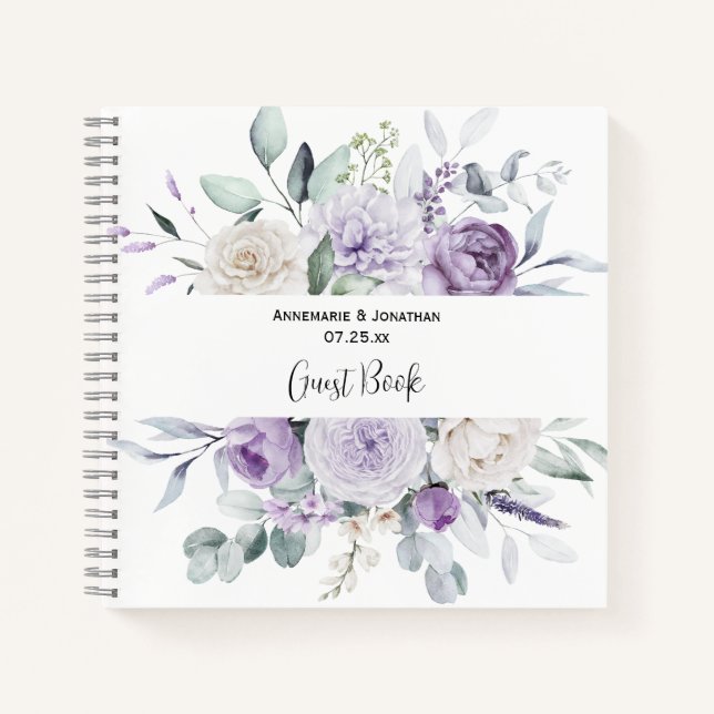 Lavender Peonies and White Roses Wedding Guest Boo Notebook (Front)