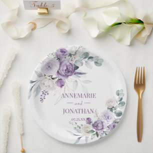 Lavender Peonies, White Roses Floral Wedding Paper Plate