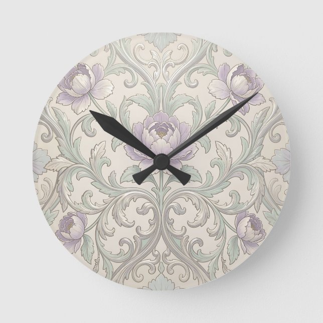 Lavender Peony Silver Scroll Ornate Floral Pattern Round Clock (Front)