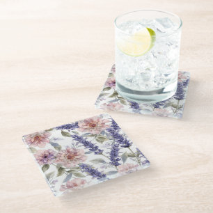 Lavender Peony Watercolor Floral Garden  Glass Coaster