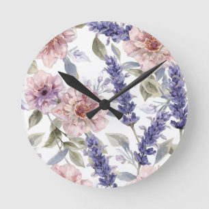 Lavender Peony Watercolor Floral Garden Round Clock