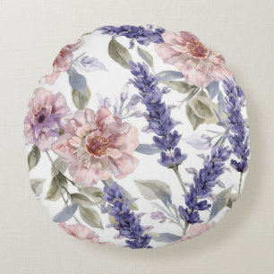 Lavender Peony Watercolor Floral Garden  Round Cushion