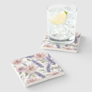 Lavender Peony Watercolor Floral Garden Stone Coaster