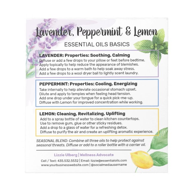 Lavender, Peppermint & Lemon Essential Oil Guide Notepad (Front)
