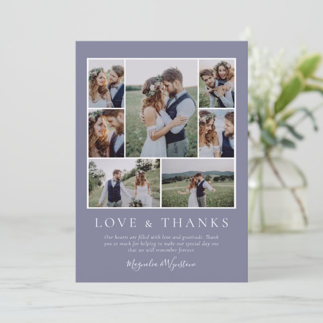 Lavender Photo Collage Love and Thanks Wedding  Thank You Card (Standing Front)