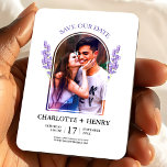 Lavender Photo Save the Date Floral Wedding Magnet<br><div class="desc">Announce your special day with this romantic save the date magnet featuring a beautiful arch photo frame and delicate lavender florals. The soft colour palette and elegant layout create a timeless and sophisticated look, perfect for modern and romantic weddings. Printed as a magnet, this design is both practical and memorable...</div>