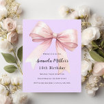 Lavender pink bow elegant birthday invitation<br><div class="desc">A soft lavender,  purple coloured background,  decorated with a large pink bow. Personalise and add a name and party details. 

1 sheet = 1 invitation printed edge to edge.</div>