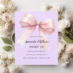 Lavender pink bow Sweet 16 invitation<br><div class="desc">A soft lavender,  purple coloured background,  decorated with a large pink bow. Personalise and add a name and party details. 

1 sheet = 1 invitation printed edge to edge.</div>