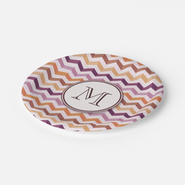 Lavender Pink Chevron Stripes w/ Round Monogram Paper Plate (Angled)