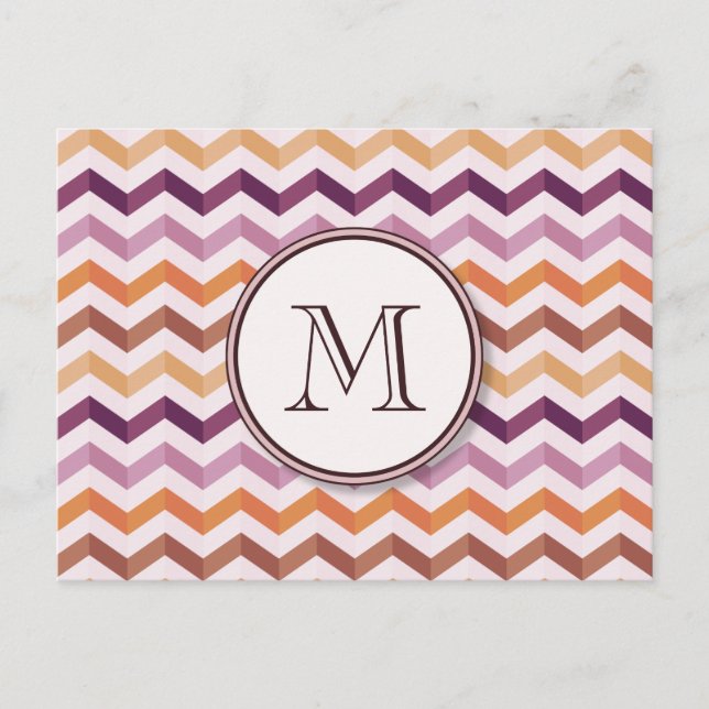 Lavender Pink Chevron Stripes w/ Round Monogram Postcard (Front)