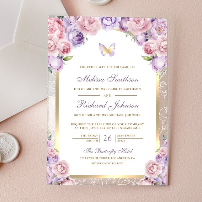 Lavender Pink Floral Gold Arch Butterfly Wedding Acrylic Invitations (Creator Uploaded)