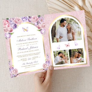 Lavender Pink Floral Gold Arch Butterfly Wedding Invitation