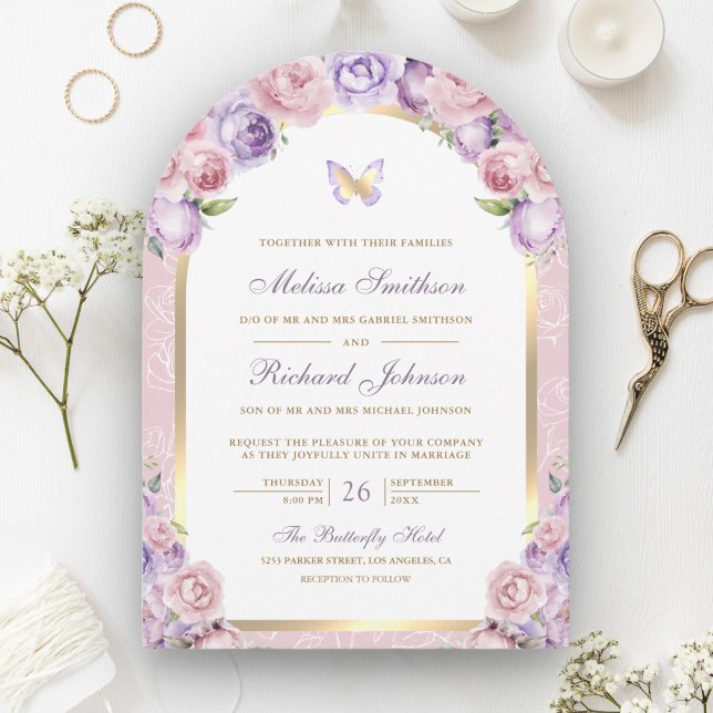 Lavender Pink Floral Gold Arch Butterfly Wedding Invitation (Creator Uploaded)