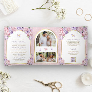 Lavender Pink Floral Gold Arch Butterfly Wedding Tri-Fold Invitation
