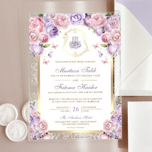 Lavender Pink Floral Gold Arch Muslim Wedding Acrylic Invitations