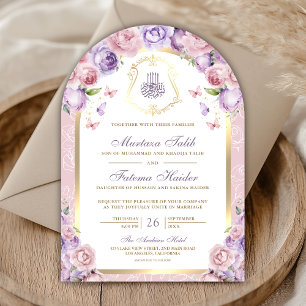 Lavender Pink Floral Gold Arch Muslim Wedding Invitation