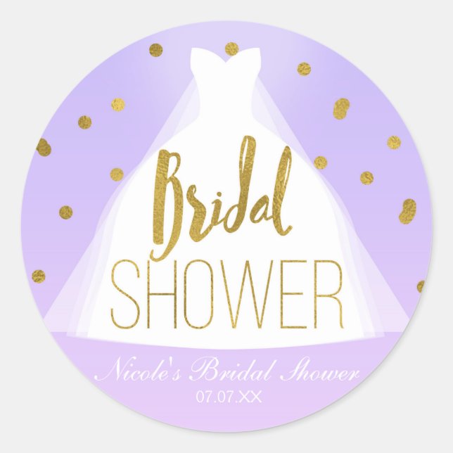 Lavender Pink & Gold Bridal Shower Wedding Dress Classic Round Sticker (Front)