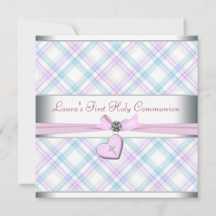 Lavender Pink Heart Pink Cross First Communion Invitation