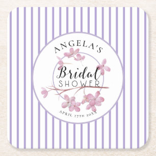 Lavender Pink Lilac Stripes Bridal Shower Square Paper Coaster
