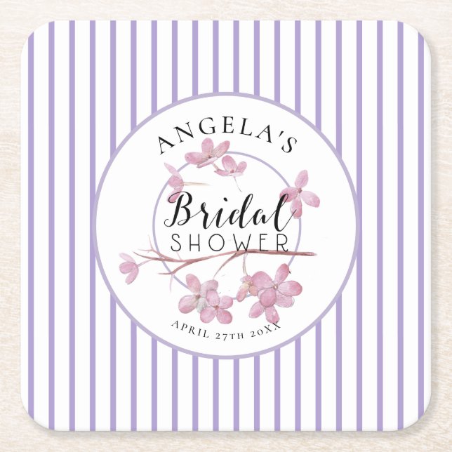 Lavender Pink Lilac Stripes Bridal Shower  Square Paper Coaster (Front)