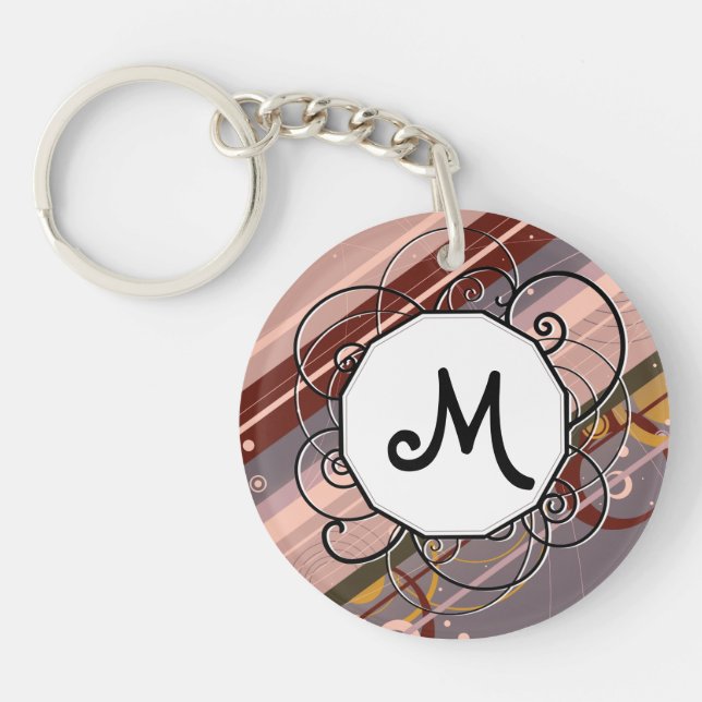 Lavender & Pink Modern-Retro Stripes with Monogram Key Ring (Front)