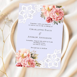 Lavender pink rose gold floral lace luxury wedding invitation