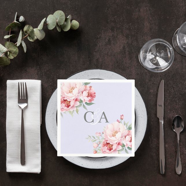 Lavender pink roses florals monogram wedding napkin (Creator Uploaded)