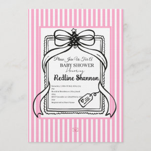 Lavender Pink Striped Bow Baby Shower  Invitation
