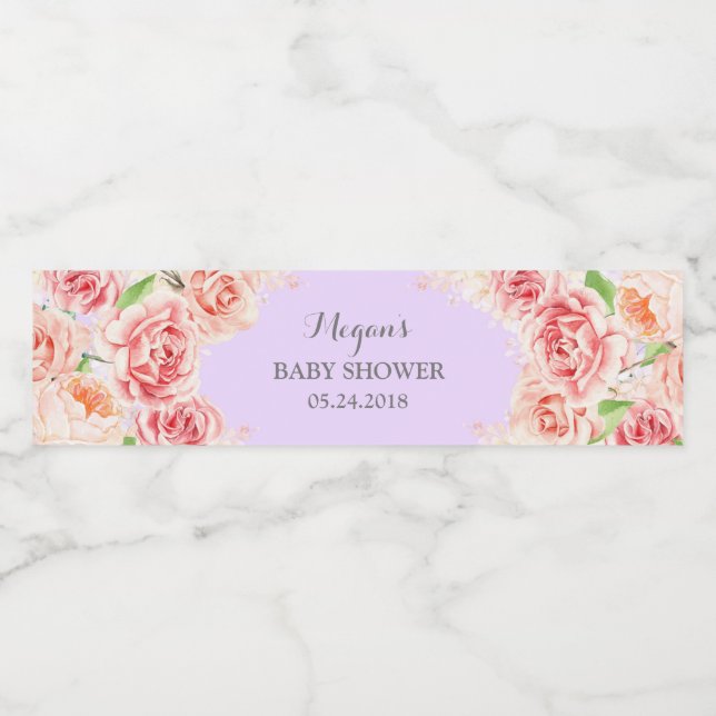 Lavender Pink Watercolor Flowers Baby Shower Water Bottle Label (Single Label)