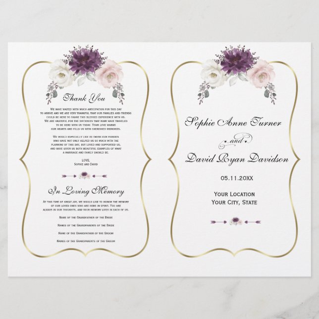Lavender Pink White Floral Gold Wedding Program (Front)