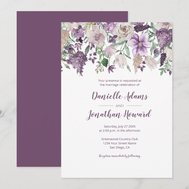 Lavender Plum Purple Cream Floral Bouquet Wedding Invitation (Front/Back)