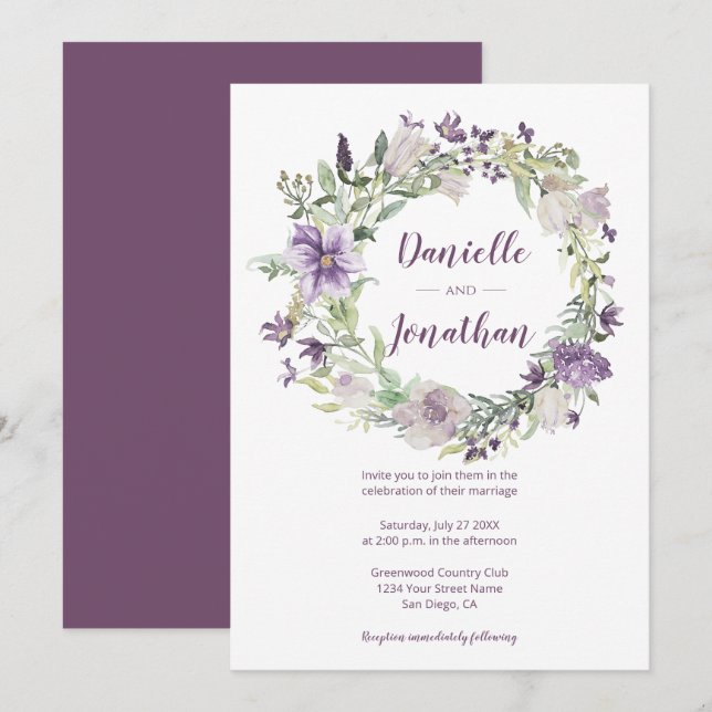 Lavender Plum Purple Cream Floral Wreath Wedding | Invitation (Front/Back)