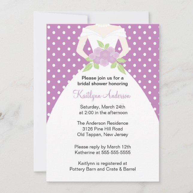 Lavender Polka Dot Bride Bridal Shower Invitation (Front)
