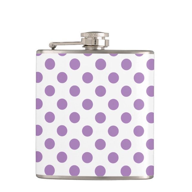 Lavender polka dots on white hip flask (Front)