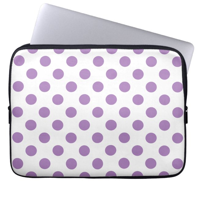 Lavender polka dots on white laptop sleeve (Front)