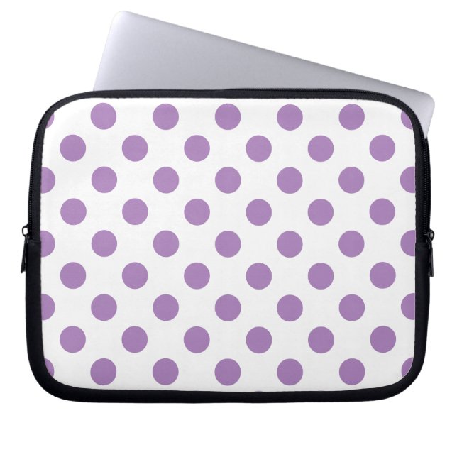 Lavender polka dots on white laptop sleeve (Front)