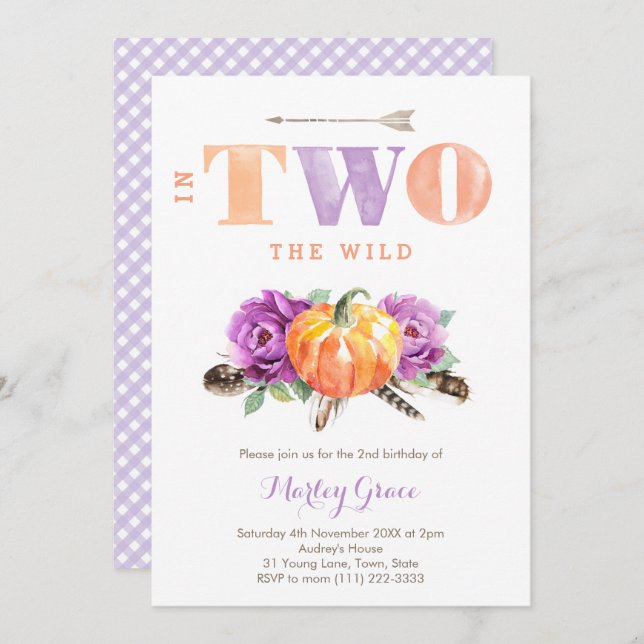 Lavender Pumpkin Boho Girl 2nd Birthday Party Invitation (Front/Back)