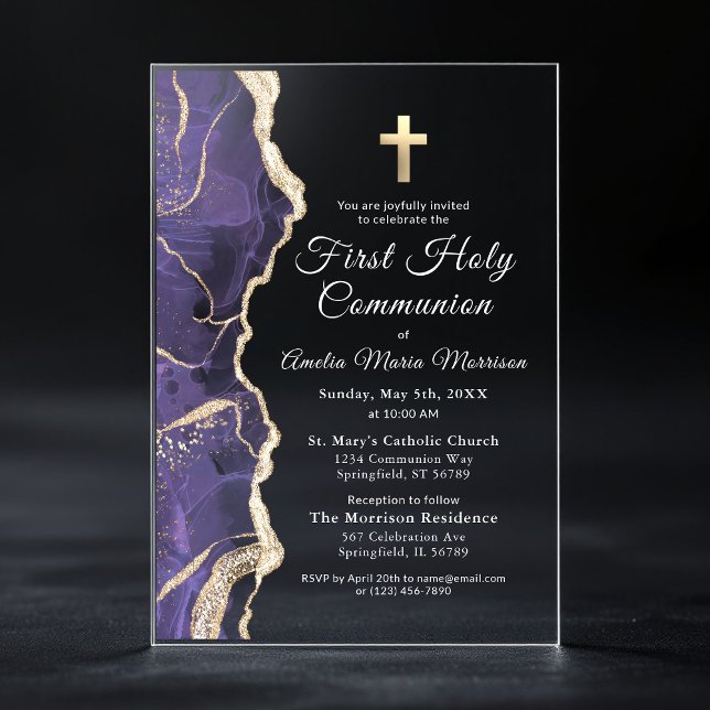 Lavender Purple Agate First Holy Communion Girl Acrylic Invitations (Creator Uploaded)