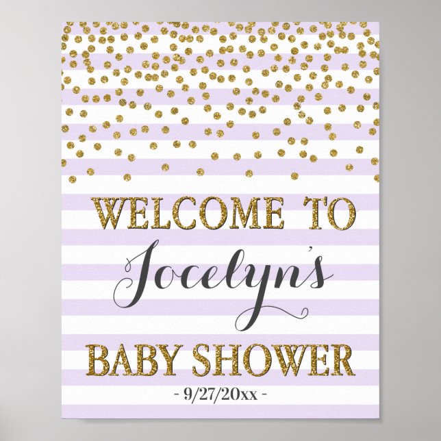 Lavender Purple and Gold Girl Baby Shower Welcome Poster (Front)