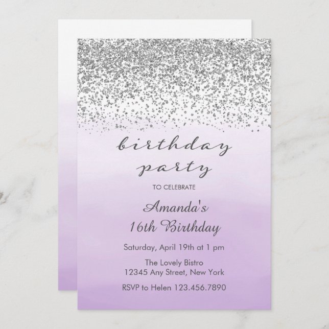 Lavender Purple and Silver Birthday Invitation (Front/Back)