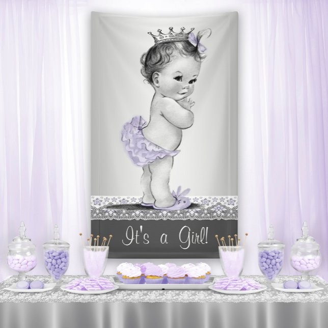 Lavender Purple and Silver Vintage Baby Shower Banner (Cute purple baby shower banner with adorable vintage baby girl.)