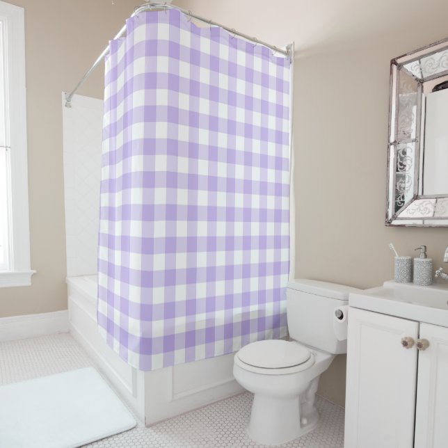 Lavender Purple and White Buffalo Check Shower Curtain (In Situ)