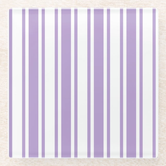 Lavender purple and white candy stripes glass coaster (Front)