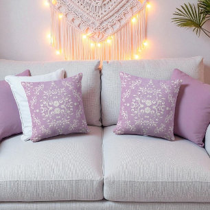 Lavender Purple and White Floral Damask Cushion