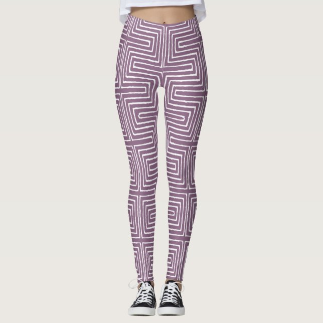 Lavender Purple and White Maze African Mud Cloth Leggings (Front)